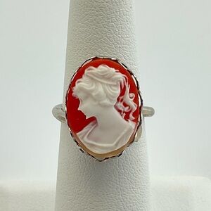 Resin Cameo Ring, Orange White & Silver, Adjustable, Victorian, Coquette Girl